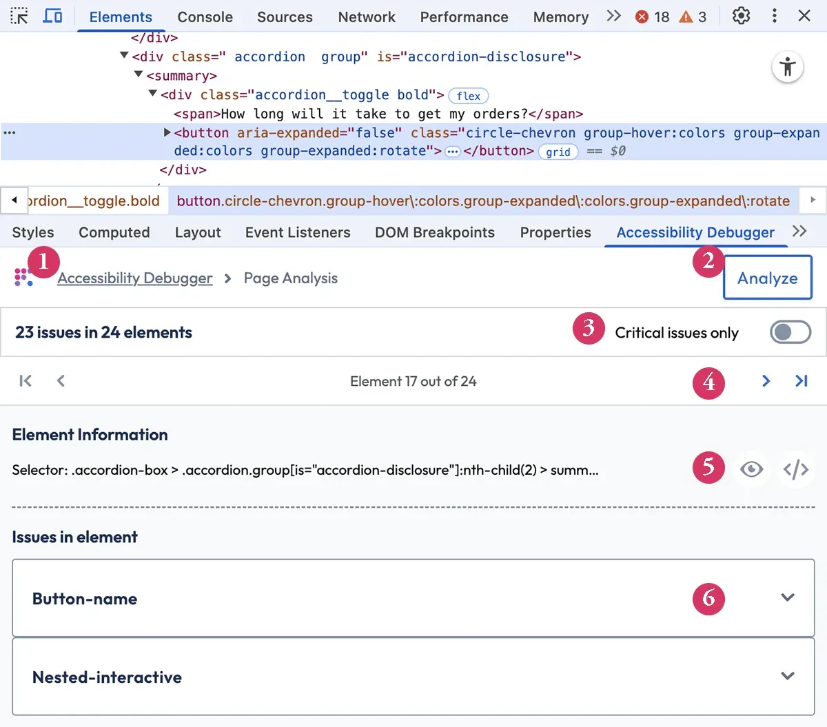 Chrome dev tools Elements and Accessibility Debugger Page Analysis panels open on a11y-audits.com as described
