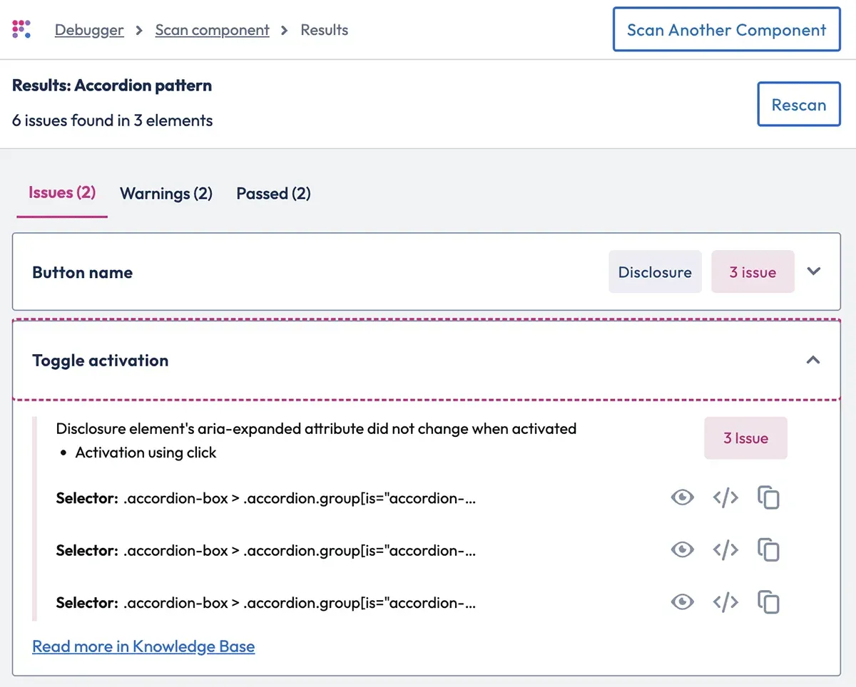 Screenshot of toggle button scan results with role and toggle activation issues