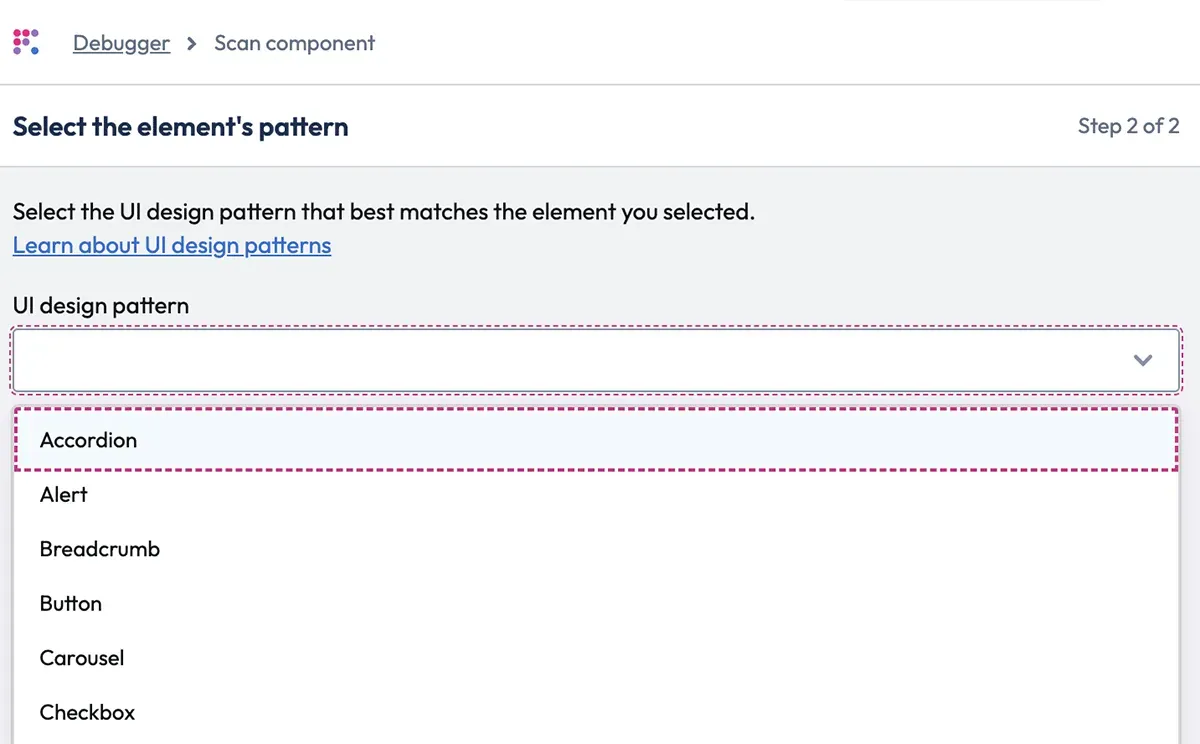 Select pattern screen, step 2 of 2, showing UI design pattern dropdown open with button selected