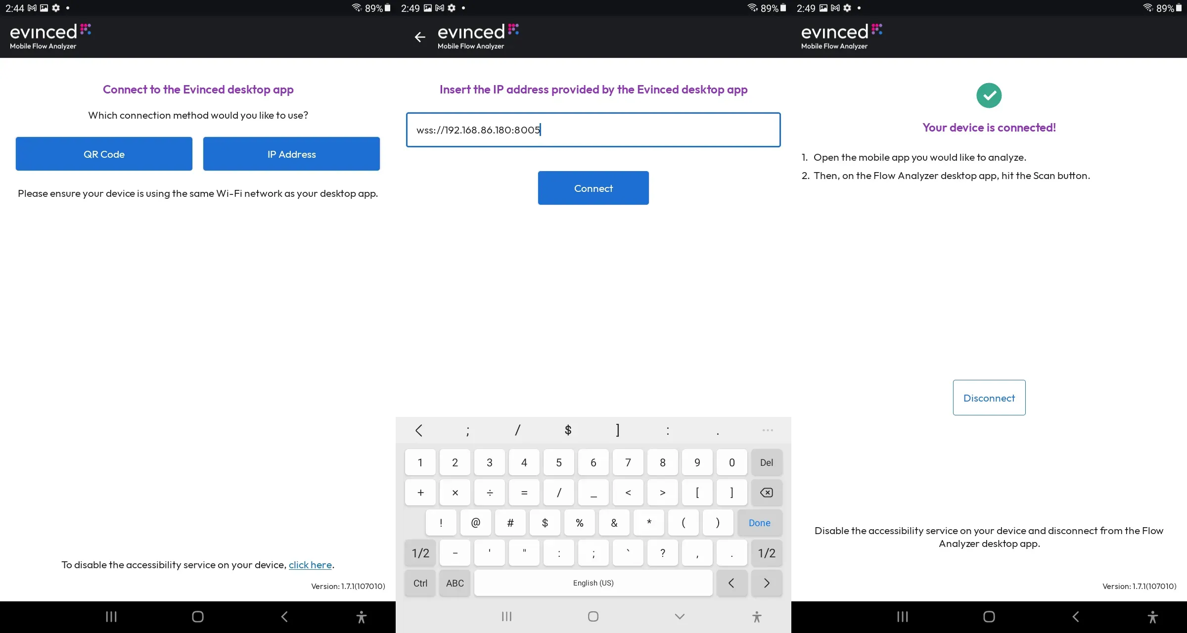 Screenshots show connection flow in Evinced app: tap IP address, enter address from MFA desktop, and connect
