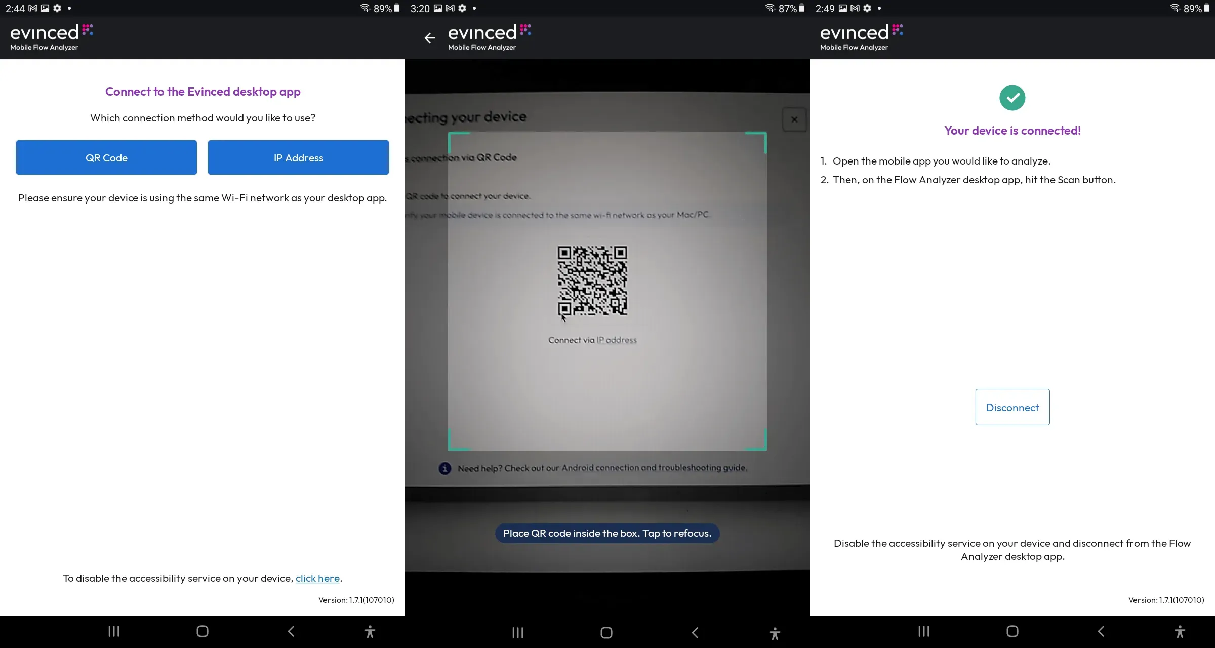Screenshots show the connection flow in the Evinced Android app: tap QR code, scan QR code, and connect