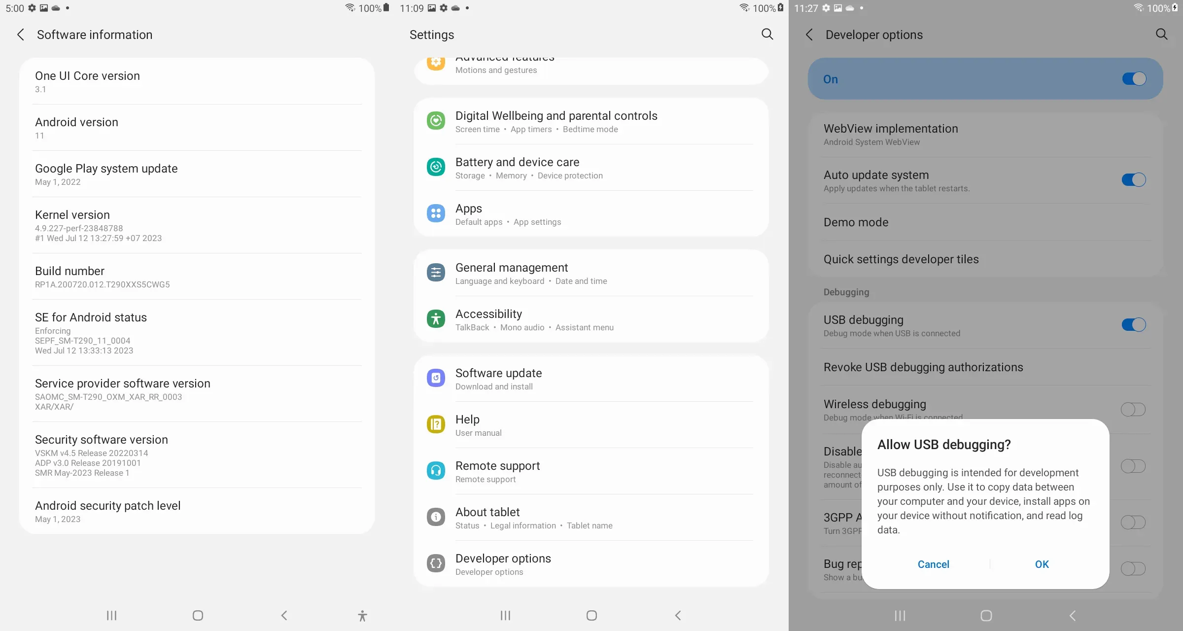 Android tablet Settings screens illustrating process to enable USB connection as described