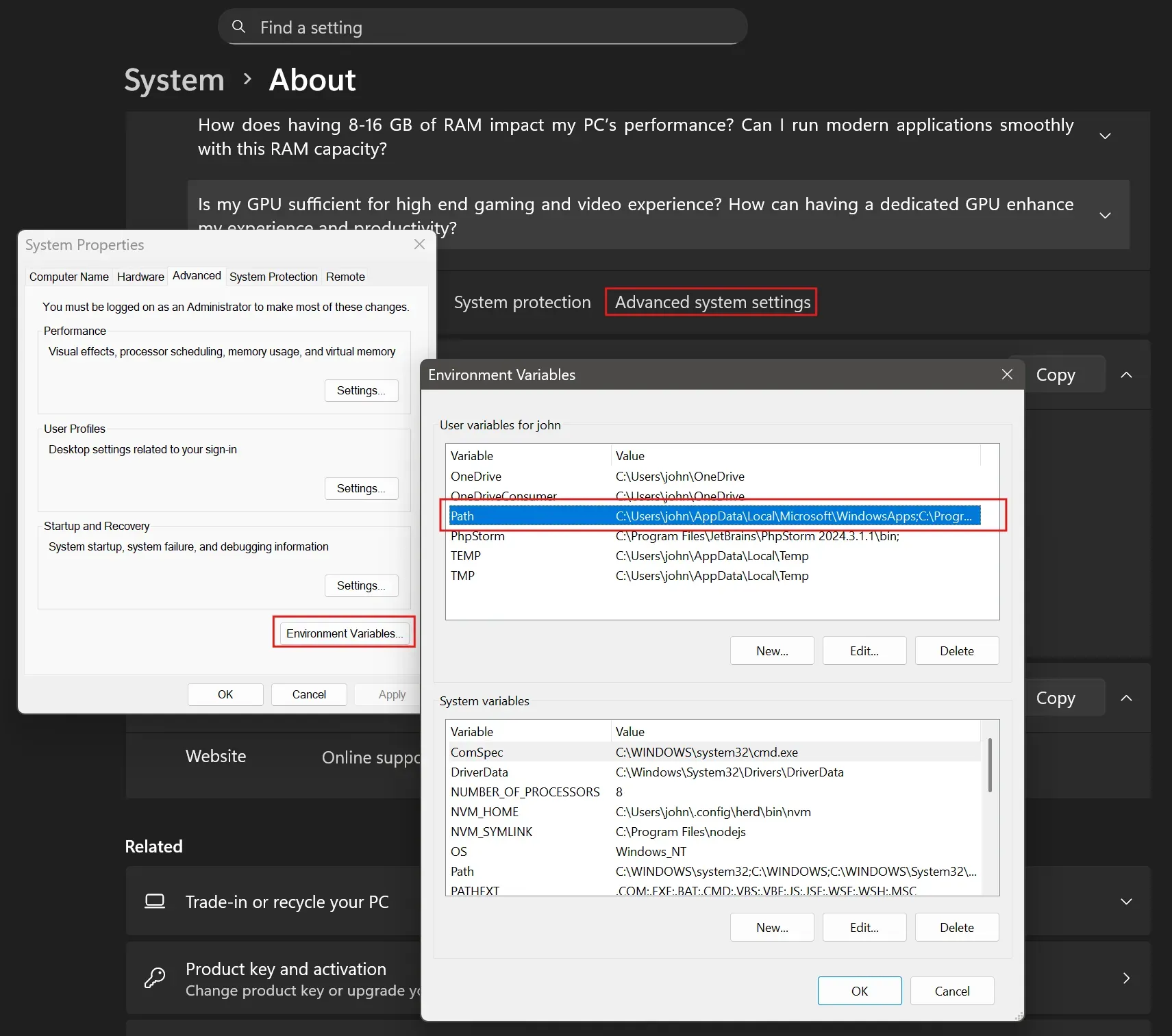 Settings About screen with the advanced settings panel and environment variables dialog open