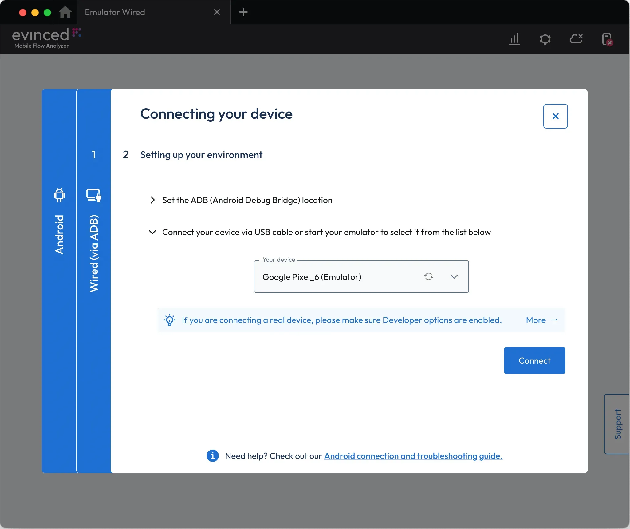 Setting up your environment screen showing Google Pixel_6 (Emulator) listed in your devices and the Connect button enabled