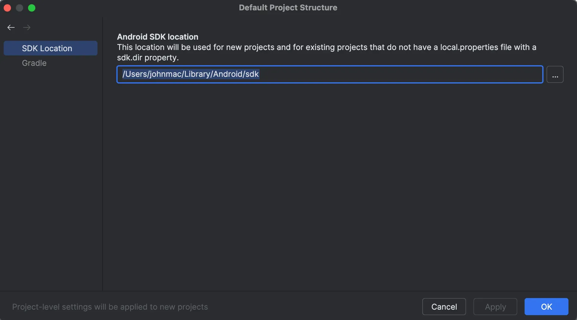 macOS Android Studio New Project Structure page shows Android SDK location