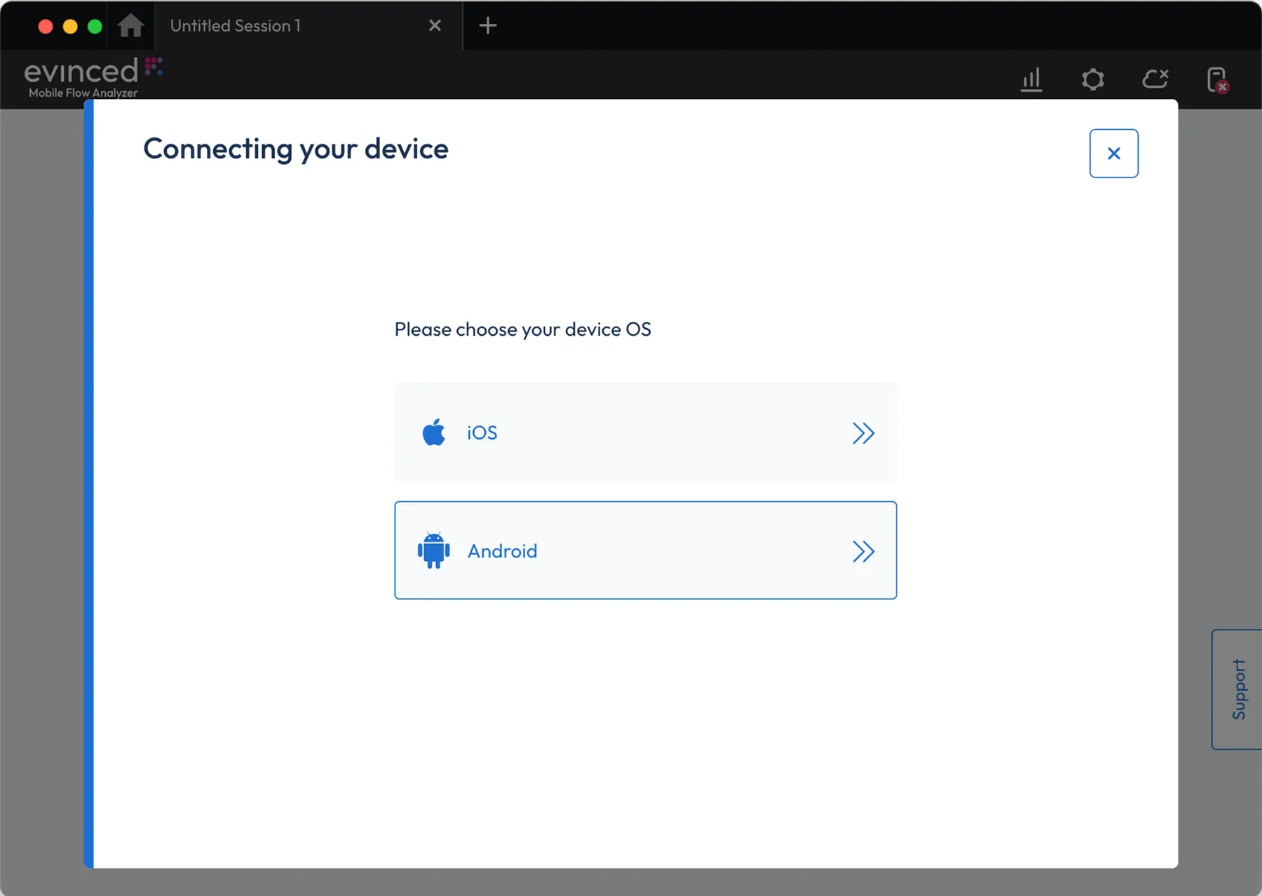 Mobile Flow Analyzer choose-your-device-OS screen with Android selected