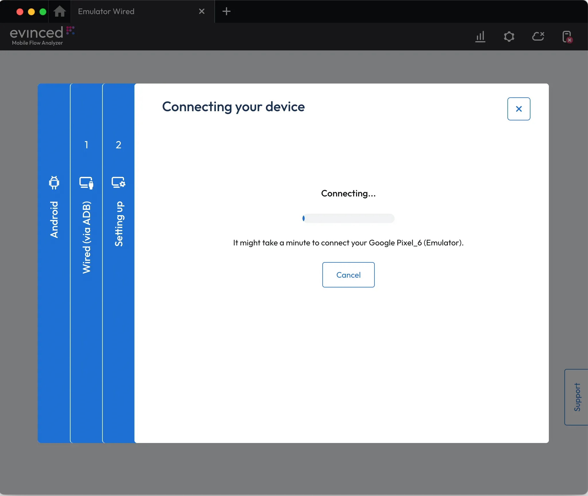 Connecting panel shows connection progress, the device being connected, and a Cancel button