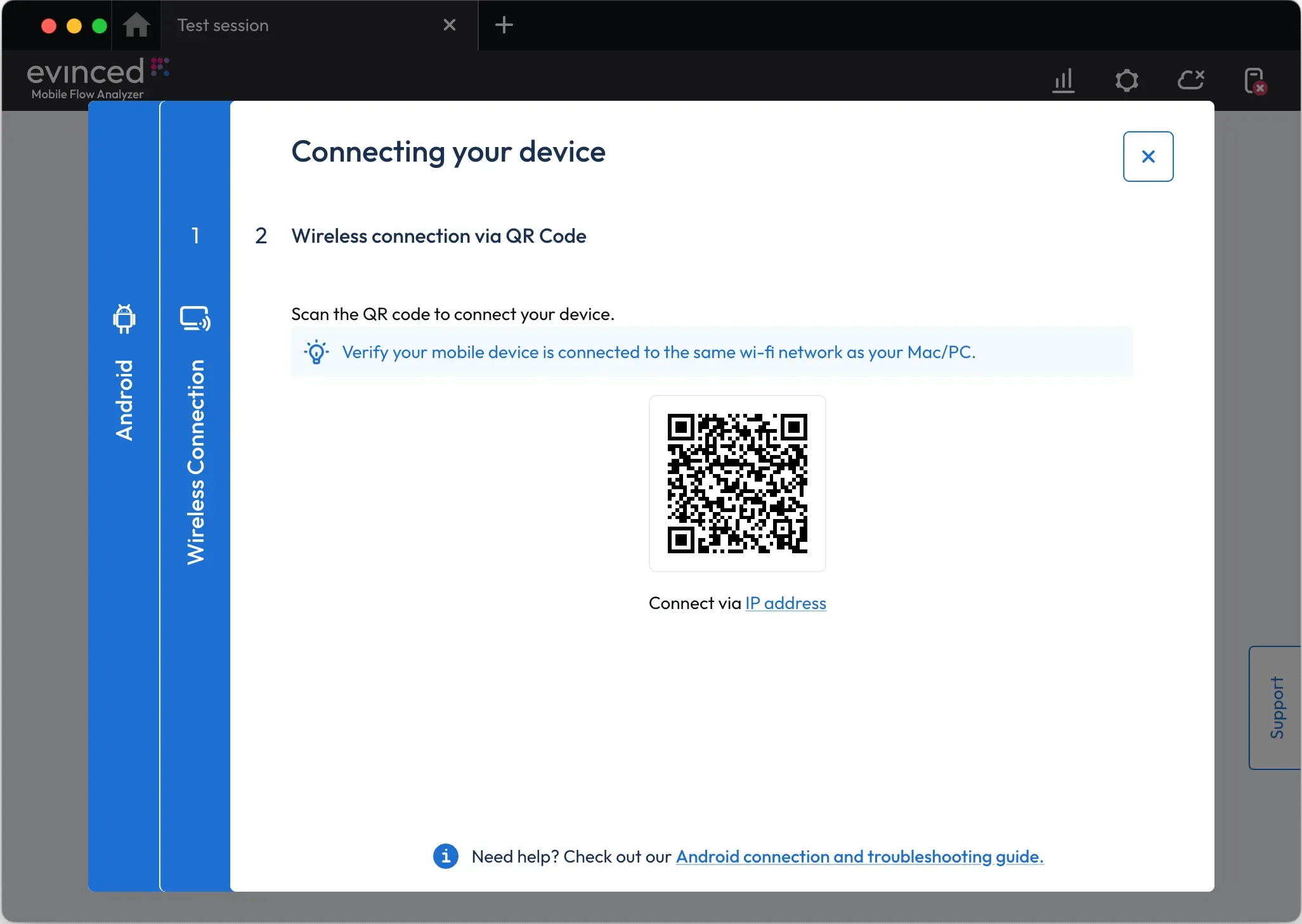Wireless Connection panel showing QR code with instruction to scan the QR code to connect your device