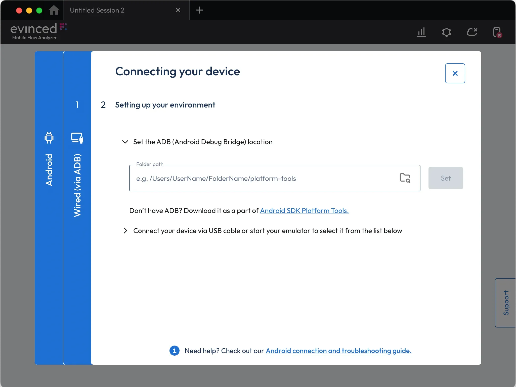 Setting-up-your-environment panel prompting for folder containing adb