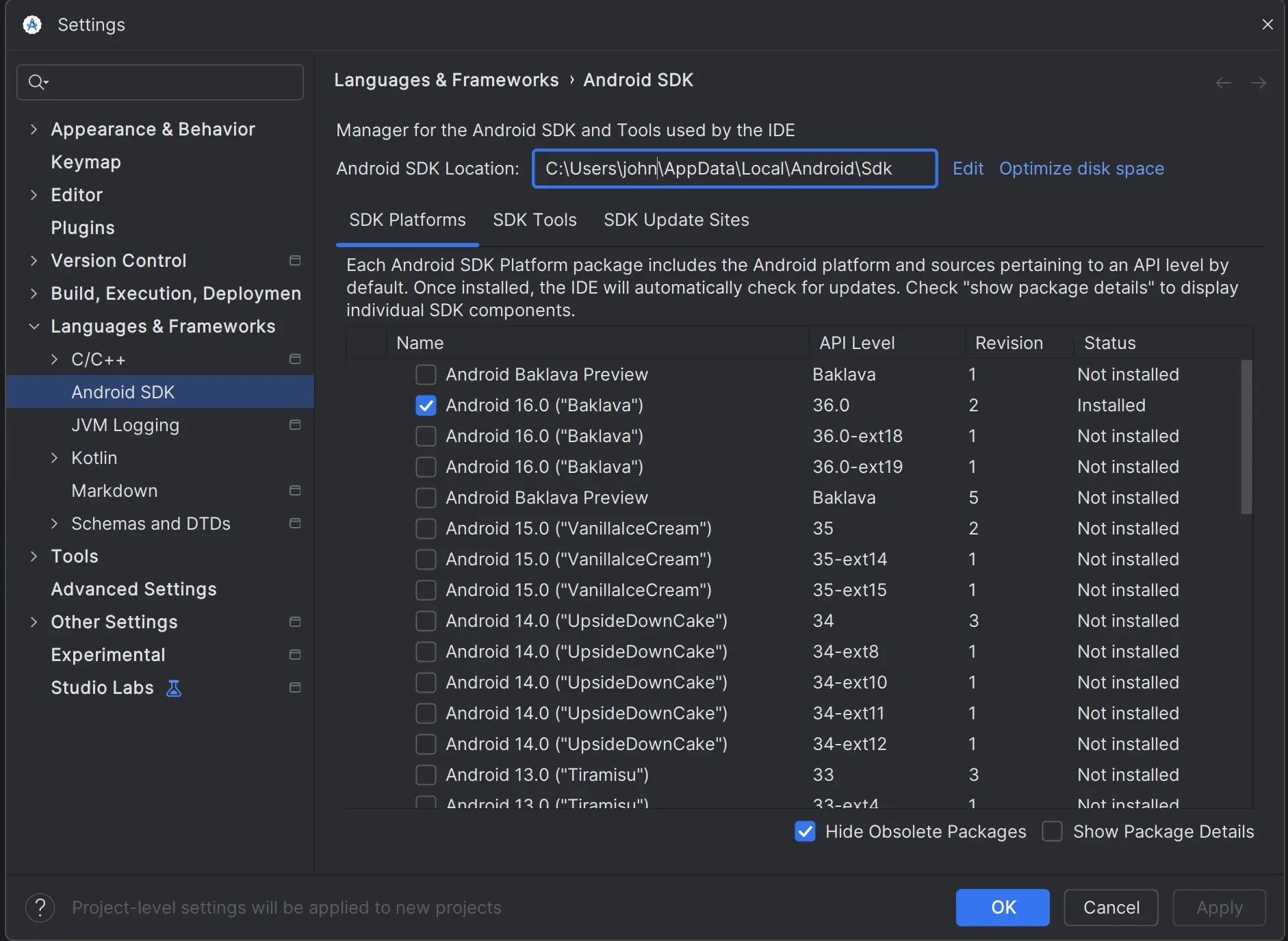 Windows Android Studio settings with Languages and Frameworks expanded shows Android SDK settings with SDK location