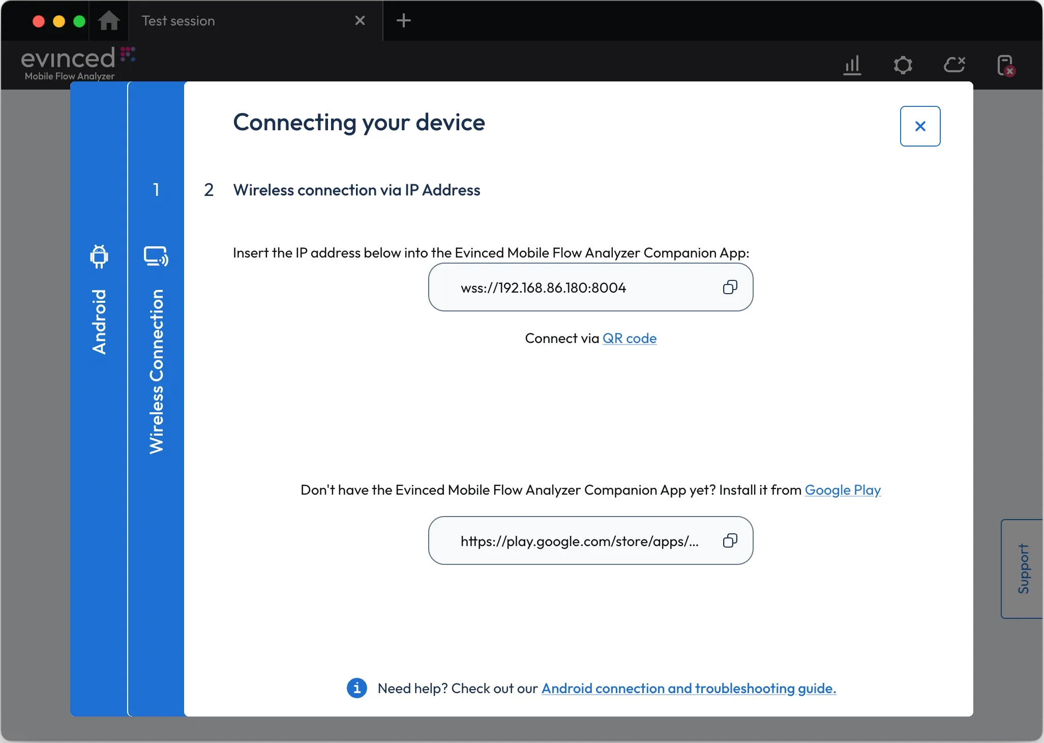 MFA Wireless connection via IP address panel shows the IP address to be entered in the Evinced Android app