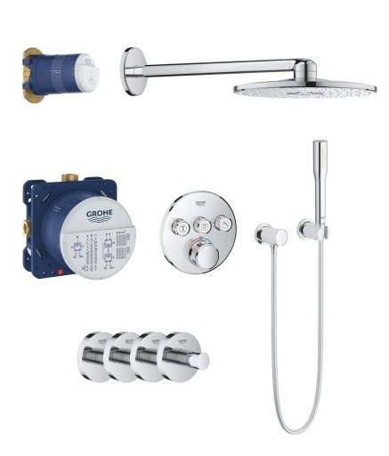 Köp GROHE Grohtherm SmartControl inbyggnings takduschsystem m/termostat, 3 uttag, krom + 4 GRATIS handdukskrokar