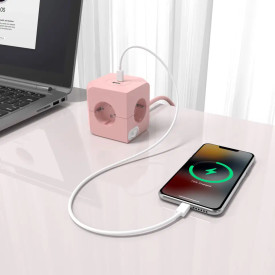 4 stk E-line Cube stikdåse, 4 udtag, USB A+C,lyserød