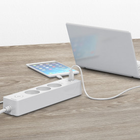 LK Design stikdåse 3 udtag, m/ledning + 2 USB, hvid