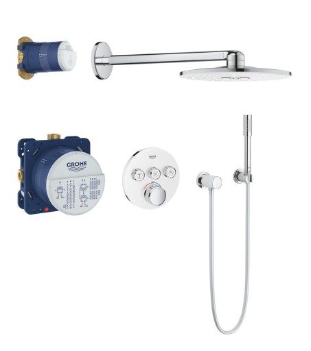 GROHE Grohtherm SmartControl Dusjsystem m/Termostat, 3 Uttak & Rainshower SmartActive hoveddusj Ø310 mm, Hvit glass