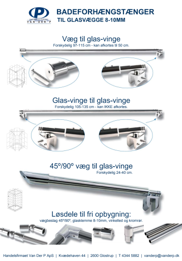 Van Der P dusjforhengstang, til glasvæg 2 meter, rustfritt stål