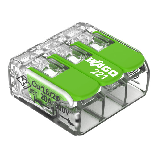 50 stk Grønn kobling 3x0,2-4 mm² gjennomsiktig med grønn pal, serie 221 Backuptype - El