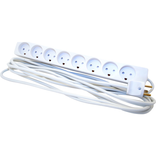 Stikdse, 8 udtag, m/jord, hvid, 5 meter ledning m. stikprop
