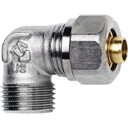 TA Komp. Vinkel med nippel 1/2'' x 12x2,0 mm. Med støttebøsning til pex. Type TA 606