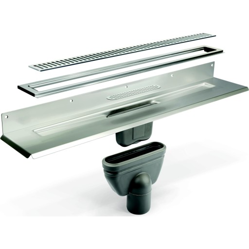 Unidrain Komplet gulvafløb mod bagvæg 900 mm, 10 mm ramme, Column rist, 75 mm lodret udløbsghus