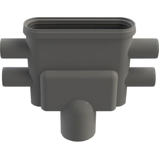 Unidrain Udløbshus m/lodret udløb Ø75 mm inkl. vandlås og fire vandrette sideindløb Ø40 mm