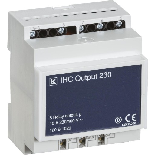 LAURITZ KNUDSEN Udgangsmodul 8-kanal IHC Control® 230VA 10A (3A ved 30VDC) 2 galvanisk adskilte grupper af 4 relæer. Maks. 10A pr. grp. DIN 2M36.