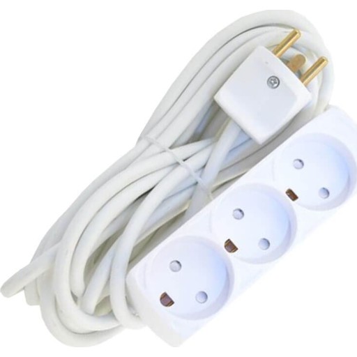 Stikdse, 3 udtag, m/jord 5 meter ledning m. stikprop, hvid
