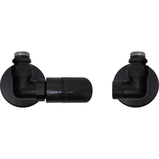 Kriss Corner Rum Plus vinkelløbende ventilsæt med rumtermostat i mat sort - venstre billede