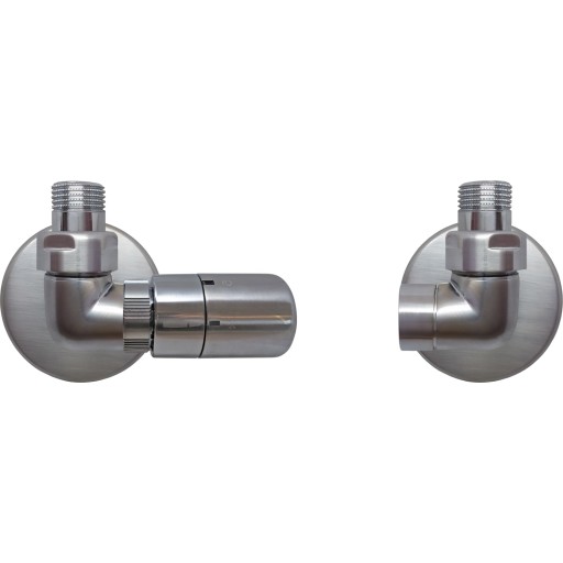 Kriss Corner Rum Plus vinkelløbende ventilsæt med rumtermostat i børstet krom - venstre billede