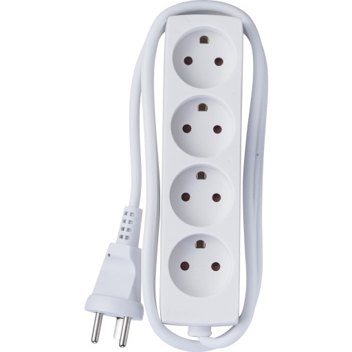 Stikdåse med 4 udtag, jord, 1,5 meter ledning, hvid