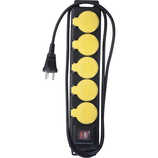 Stikdse udendrs, afbryder, IP44, 5 udtag, m/jord, sort, 1,5 meter ledning m. stikprop