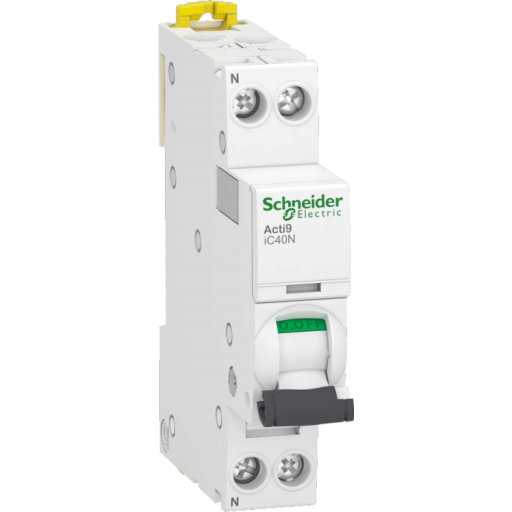 Schneider Electric Acti 9 automatsikring, 1p + n, 10a, 230v 6/10 ka, c-karakteristik, enkelt terminal, bredde 18 mm.