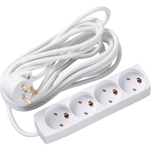 Stikkontaktdåse, 10A, EDB 4 udtag, med jord, uden afbryder, 5 meter ledning, hvid