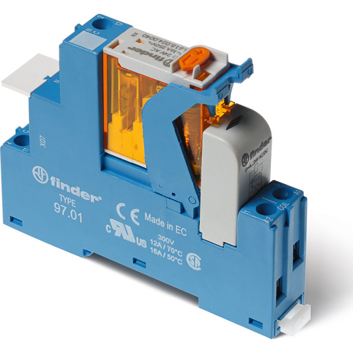 Interfacerelæ med sokkel og bøjle, S4C, 1P, 16A, 230V AC, med LED