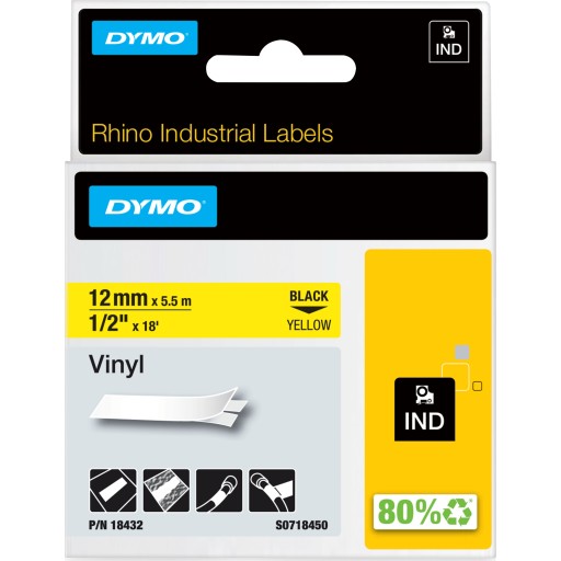 5 Stk ® Rhino Tape Vinyl 12 Mm Sort På Gul Fra Dymo