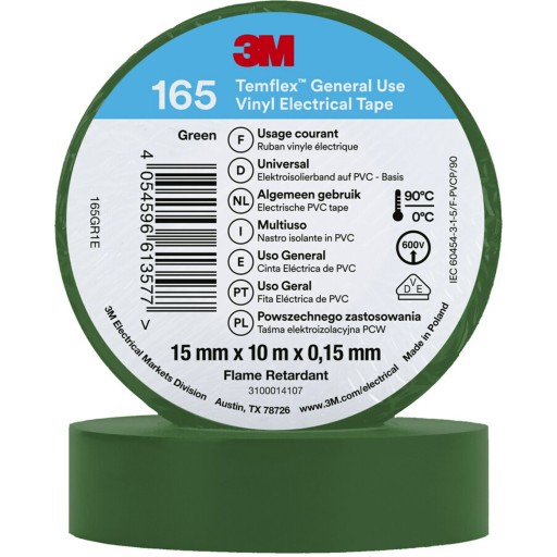 Isoleringstape, grn, 15 mm x 10 meter, 3M Temflex Vinyltape