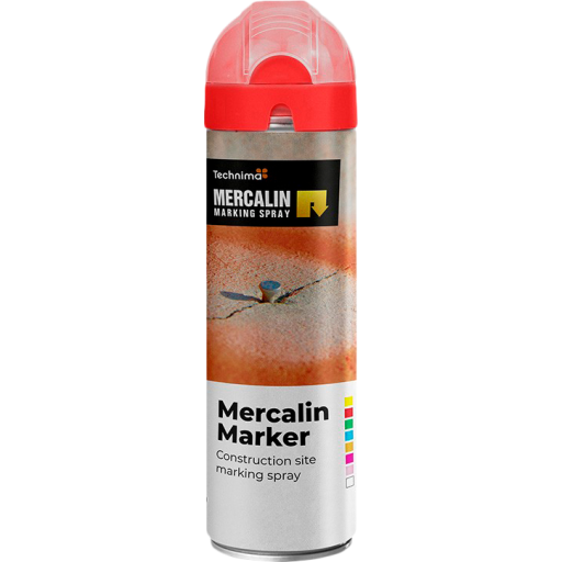 Mercalin markeringsspray 500ml FLUO rød, bl.a. til asfalt, beton, græs, grus, træ, sten & is