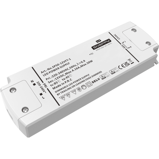 Snappy LED Driver 50W 12VDC, robust, med Triac dim (for-/bagkants-dæmp)