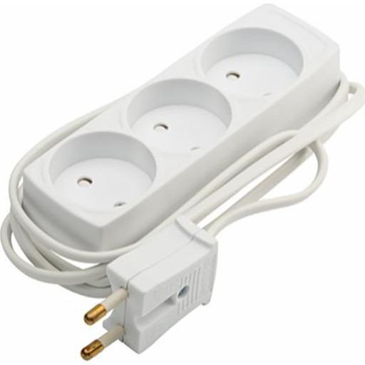 E-Line 3-Stikdåse 2x0.75 mm2 - H03VVH2-F, Uden Jord, 1,5M ledning, Hvid