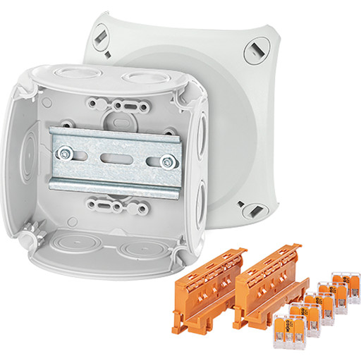 HENSEL Forgreningsdåse 0,75-4 mm² 104x104x70 mm. Med 2x Wago 221-500 montagebeslag og 5x Wago 221-413 3-leder kompaktklemmer