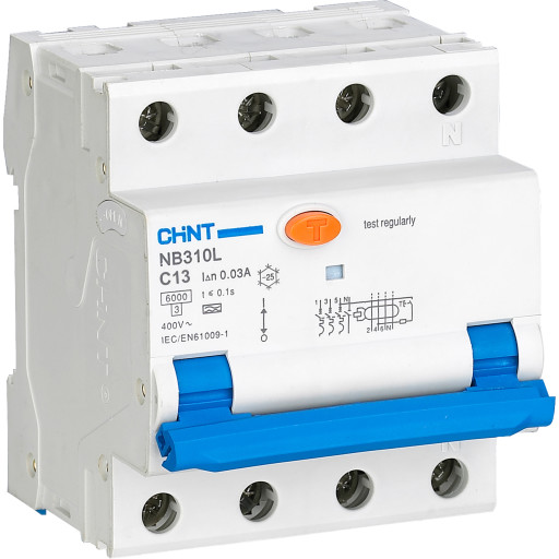 Kombinasjonsbryter RCBO Chint, 3P+N, C-karakteristikk, 13A, 30mA, 6kA