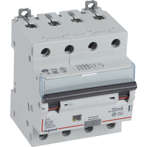 DX3 kombinasjonsbryter HPFI RCBO B 20A 30mA 4P, 10kA, 4M, type A
