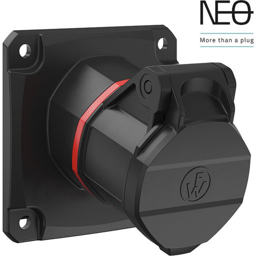 10 stk CEE Outlet NEO innebygd 16A 5P, 6H, rød, 400V, skråstilt, 86×86, fjær