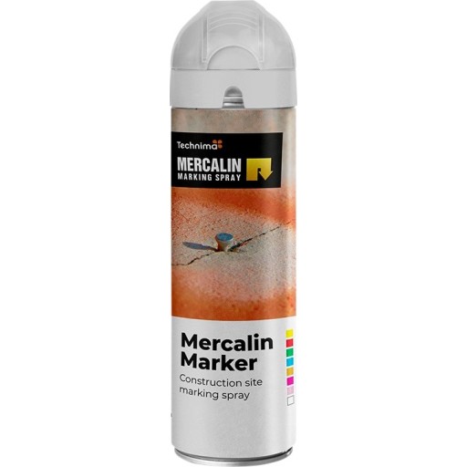 Mercalin markeringsspray 500ml - FLUO hvid, bl.a. t/asfalt, beton, græs, grus, træ, sten & is
