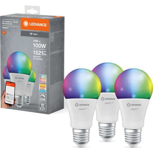 3 st Ledvance Smart+ Wifi E27 standardlampa, f&auml;rg&auml;ndring + justerbar vit, 14W, 3 st