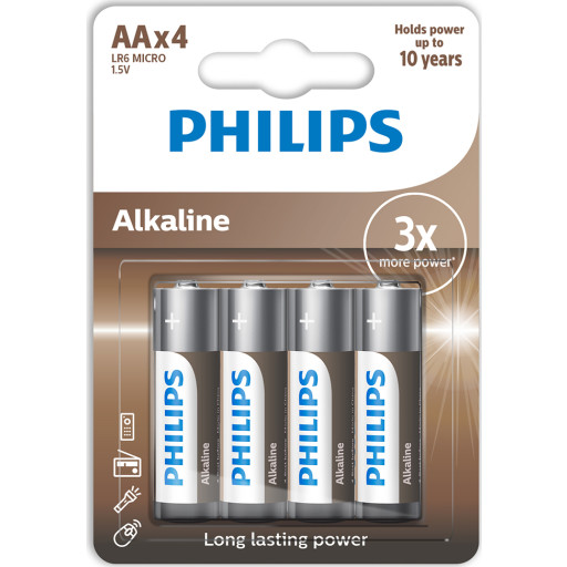 12 stk Philips Tech Alkaline AA batterier, 4 stk. billede