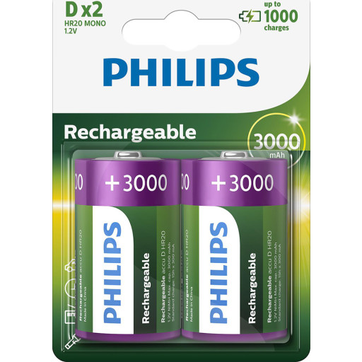 Philips Rechargeables Batteri R20B2A300/10, Genopladeligt batteri, D, Nikkel-Metalhydrid (NiMH), 1,2 V, 3000 mAh, Cd (cadmium), Hg (kviksølv)