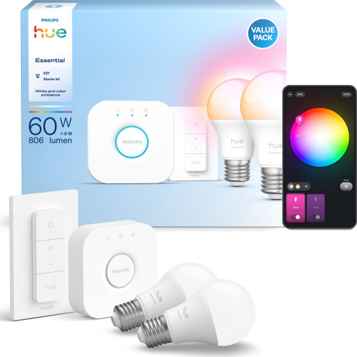 Philips Hue Essential White Colour Ambiance E27 standardlampor, startset, 2-pack
