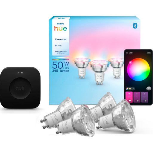 Philips Hue Essential White Color Ambiance GU10 spotpærer med Bridge Pro, 4-pak