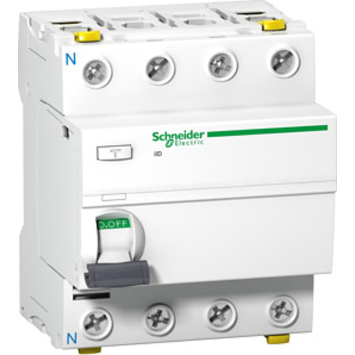 Schneider Electric Acti9 hpfi-afbryder iid, 4p 63a 30ma, kl. a, med dobbelt terminal, 72 mm